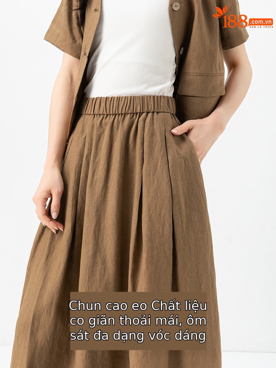 Bộ đồ vải lanh cổ điển Xinge cho nữ: áo khoác ngắn tay rộng rãi mỏng mùa hè và chân váy tôn dáng — Váy kaki (65356)
