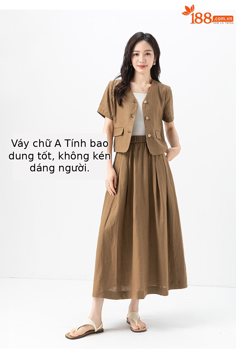 Bộ đồ vải lanh cổ điển Xinge cho nữ: áo khoác ngắn tay rộng rãi mỏng mùa hè và chân váy tôn dáng — Váy kaki (65356) chi tiết 10
