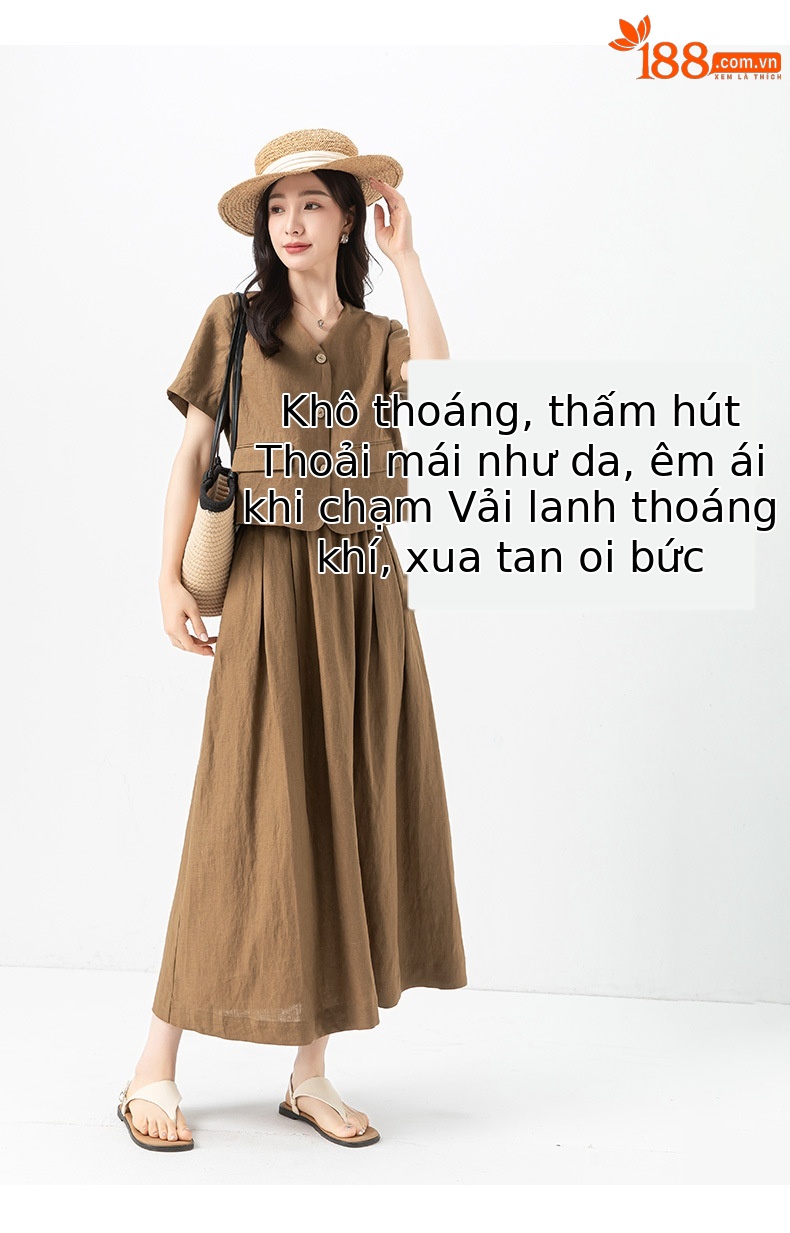 Bộ đồ vải lanh cổ điển Xinge cho nữ: áo khoác ngắn tay rộng rãi mỏng mùa hè và chân váy tôn dáng — Váy kaki (65356) chi tiết 12