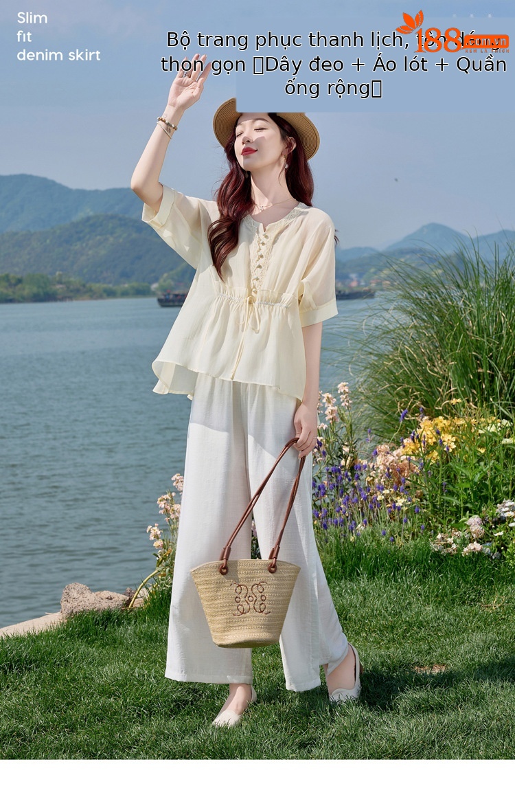 Bộ đồ mùa hè nữ Tencel cao cấp áo hai dây quần ống rộng ba món SY2697 — Bộ màu như hình chi tiết 1