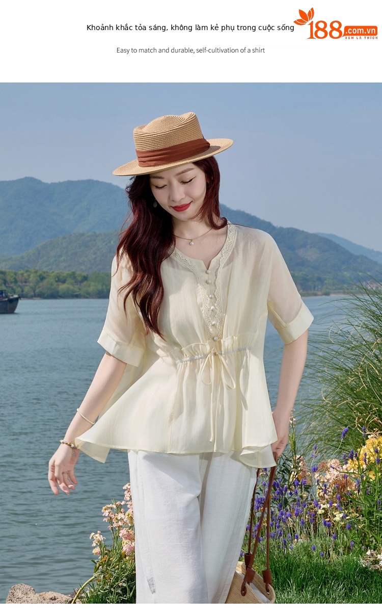 Bộ đồ mùa hè nữ Tencel cao cấp áo hai dây quần ống rộng ba món SY2697 — Bộ màu như hình chi tiết 6