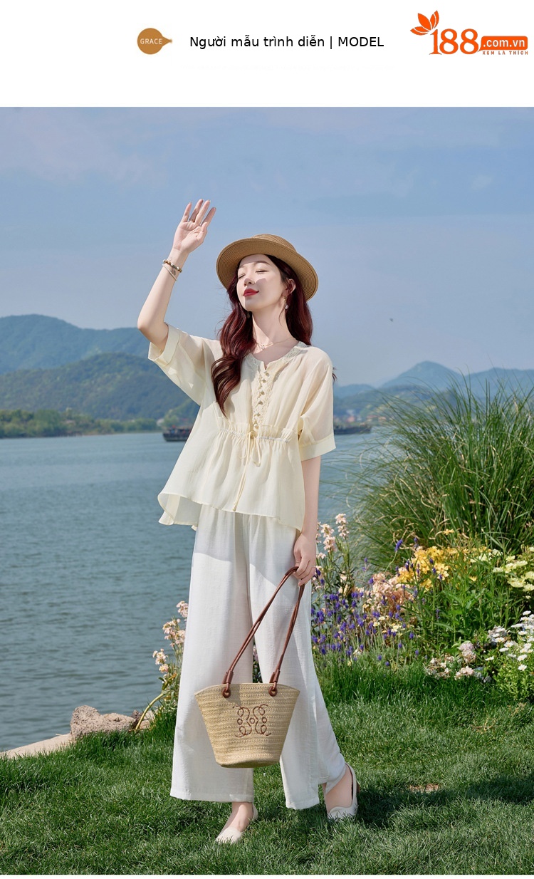 Bộ đồ mùa hè nữ Tencel cao cấp áo hai dây quần ống rộng ba món SY2697 — Bộ màu như hình chi tiết 15