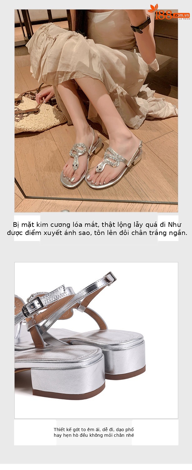 Dép xỏ ngón nữ da thật gót trung dày hở ngón phong cách Pháp đính đá rhinestone — Màu bạc chi tiết 6