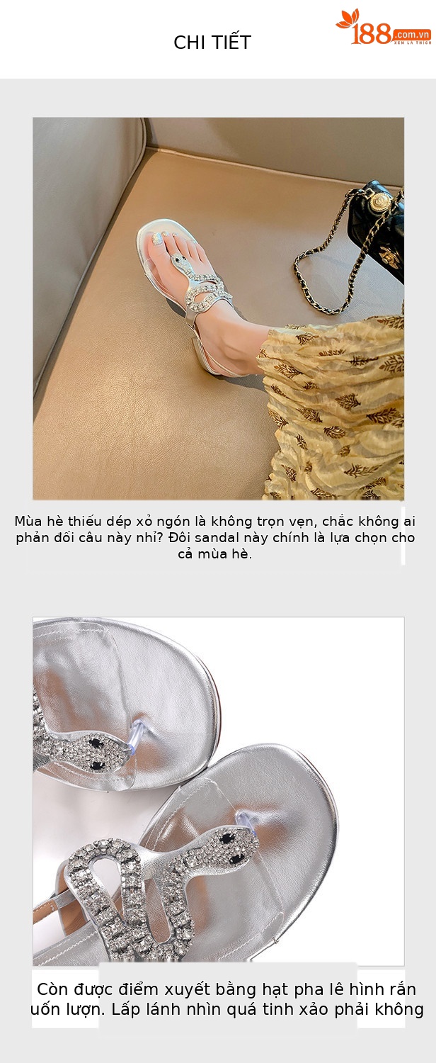 Dép xỏ ngón nữ da thật gót trung dày hở ngón phong cách Pháp đính đá rhinestone — Màu bạc chi tiết 4