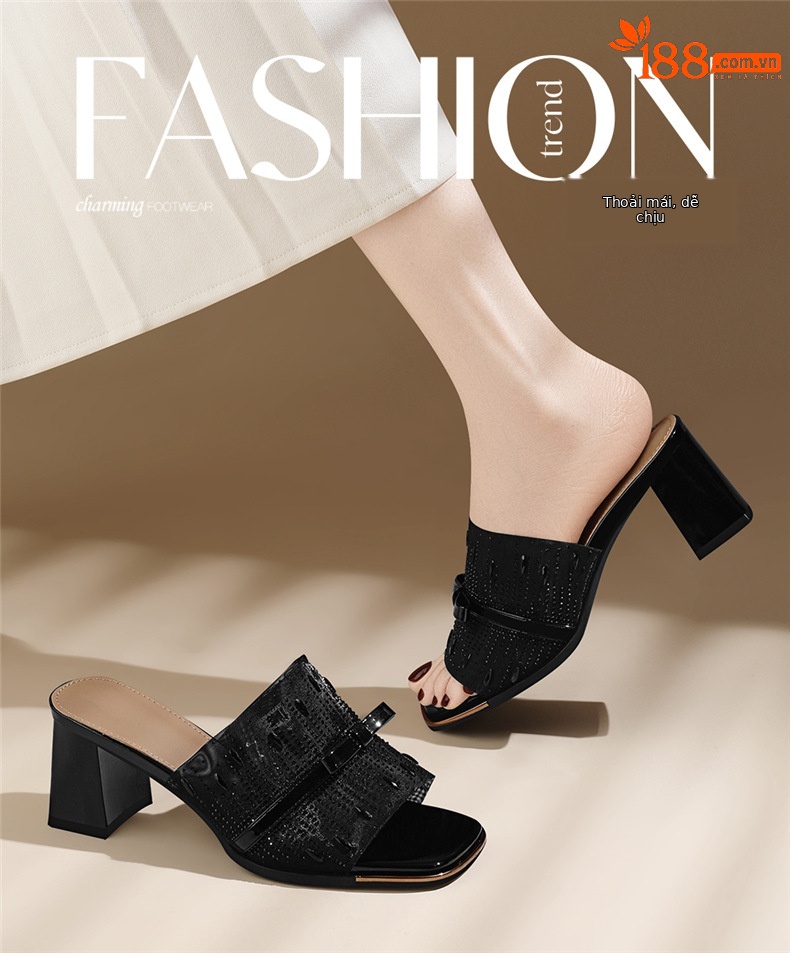 Sandal cao gót nữ hở mũi phong cách Pháp đính sequin lấp lánh gót vuông 6 cm — 7215 Màu đen, 7215 màu mơ chi tiết 1