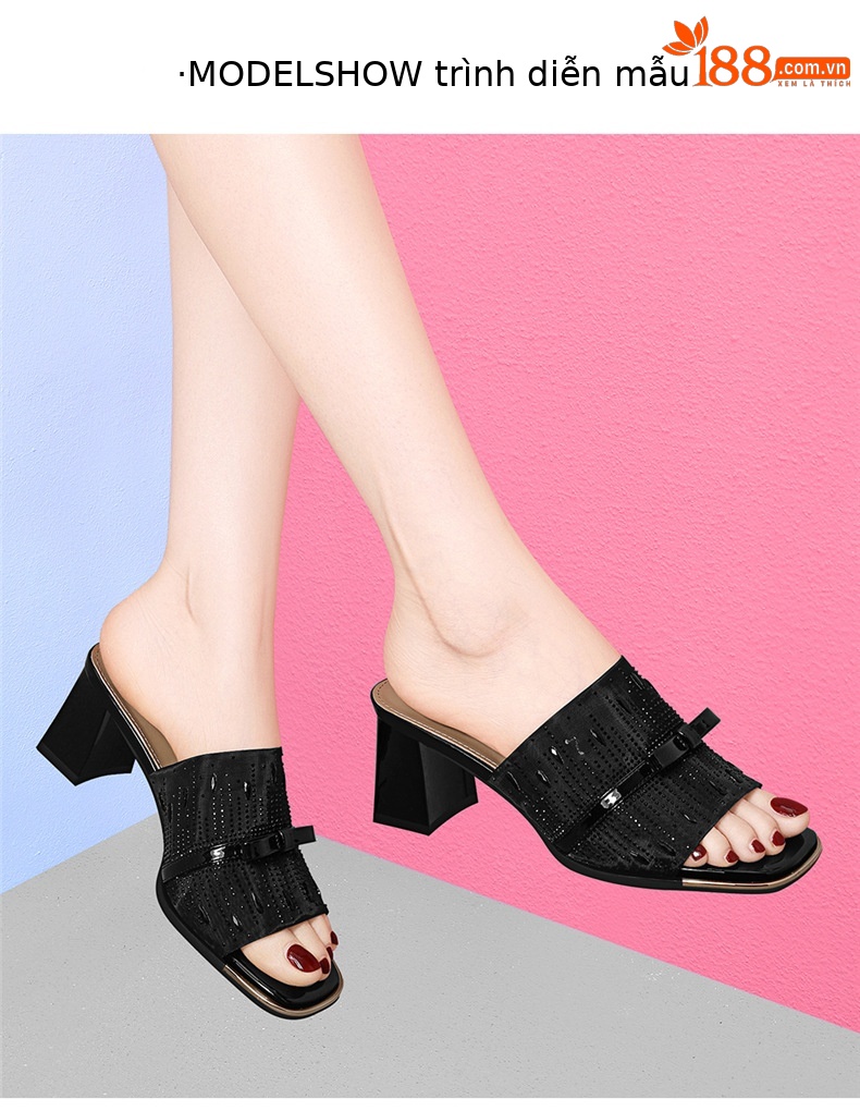 Sandal cao gót nữ hở mũi phong cách Pháp đính sequin lấp lánh gót vuông 6 cm — 7215 Màu đen, 7215 màu mơ chi tiết 4