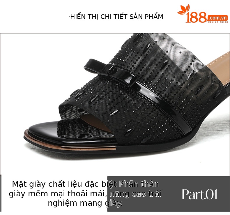 Sandal cao gót nữ hở mũi phong cách Pháp đính sequin lấp lánh gót vuông 6 cm — 7215 Màu đen, 7215 màu mơ chi tiết 15