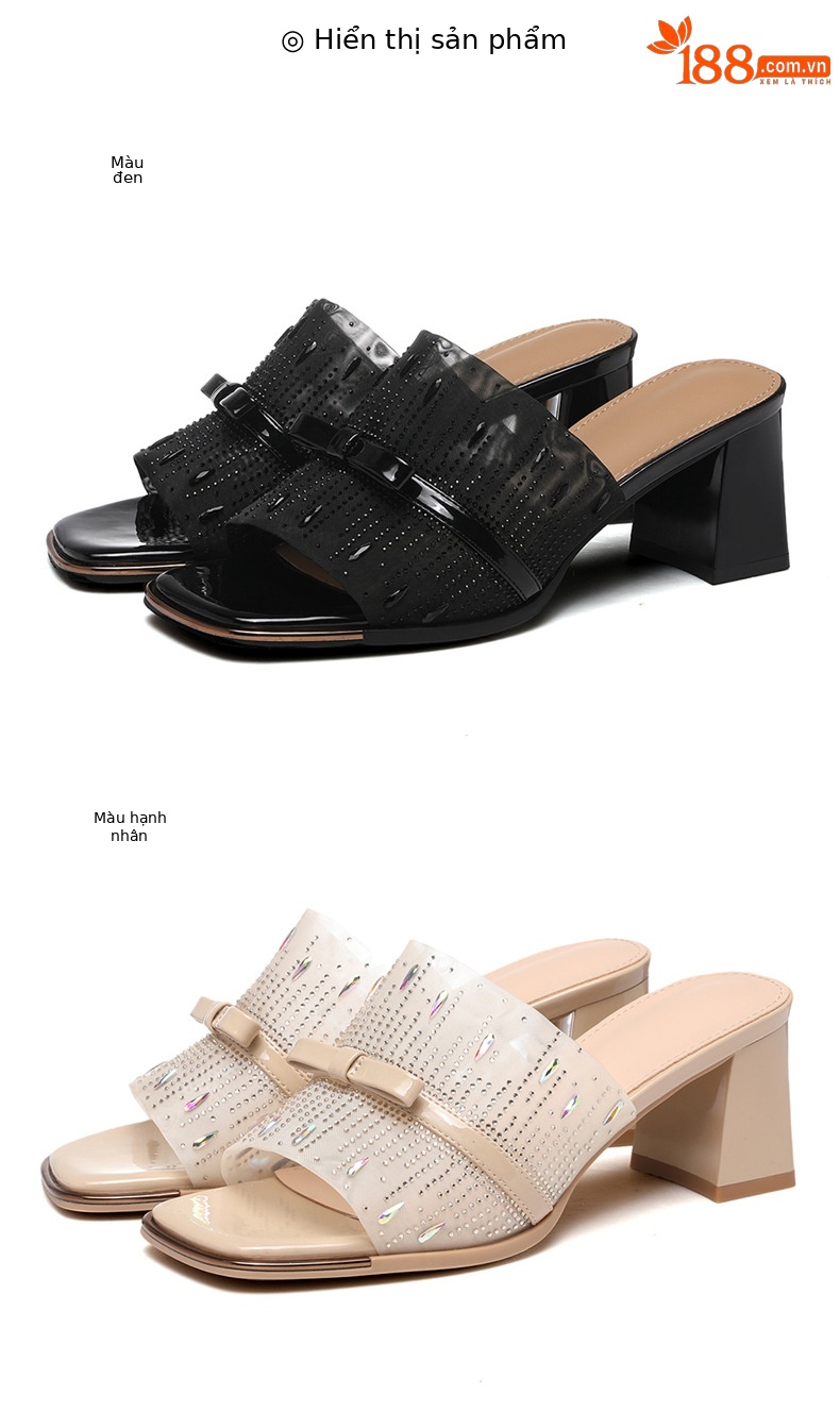 Sandal cao gót nữ hở mũi phong cách Pháp đính sequin lấp lánh gót vuông 6 cm — 7215 Màu đen, 7215 màu mơ chi tiết 18