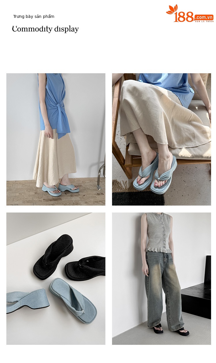 Dép xỏ ngón nữ đế dày denim đi biển mùa hè — Màu đen, Xanh denim chi tiết 1