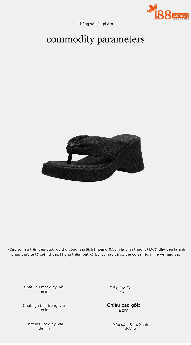 Dép xỏ ngón nữ đế dày denim đi biển mùa hè — Màu đen, Xanh denim chi tiết 2
