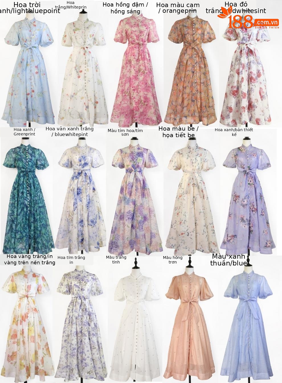 Đầm maxi nữ thắt eo cổ đứng tay lồng đèn đính đá phong cách Pháp — Màu trơn xanh lam, Màu trơn trắng, Hoa xanh da trời, Hoa hồng đậm chi tiết 1