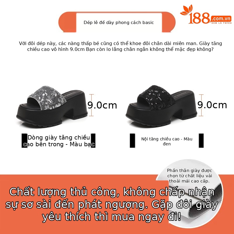 Dép lê hở ngón đính sequin thời trang đế dày độn cao HC9506-11 — Màu đen, Màu bạc