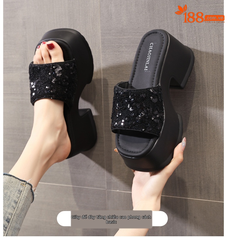 Dép lê hở ngón đính sequin thời trang đế dày độn cao HC9506-11 — Màu đen, Màu bạc chi tiết 1