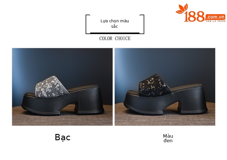Dép lê hở ngón đính sequin thời trang đế dày độn cao HC9506-11 — Màu đen, Màu bạc chi tiết 2