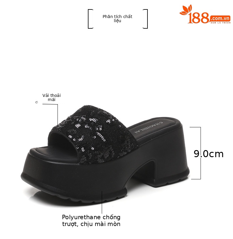 Dép lê hở ngón đính sequin thời trang đế dày độn cao HC9506-11 — Màu đen, Màu bạc chi tiết 3