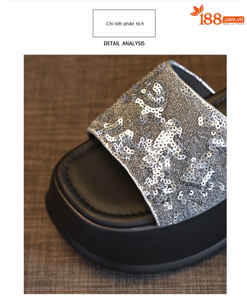Dép lê hở ngón đính sequin thời trang đế dày độn cao HC9506-11 — Màu đen, Màu bạc chi tiết 7