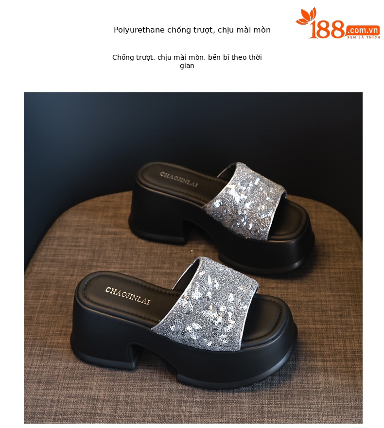 Dép lê hở ngón đính sequin thời trang đế dày độn cao HC9506-11 — Màu đen, Màu bạc chi tiết 10