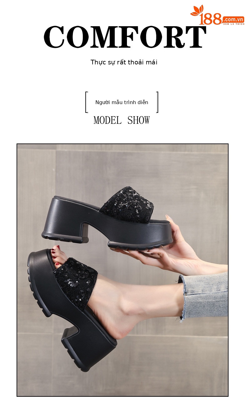 Dép lê hở ngón đính sequin thời trang đế dày độn cao HC9506-11 — Màu đen, Màu bạc chi tiết 11