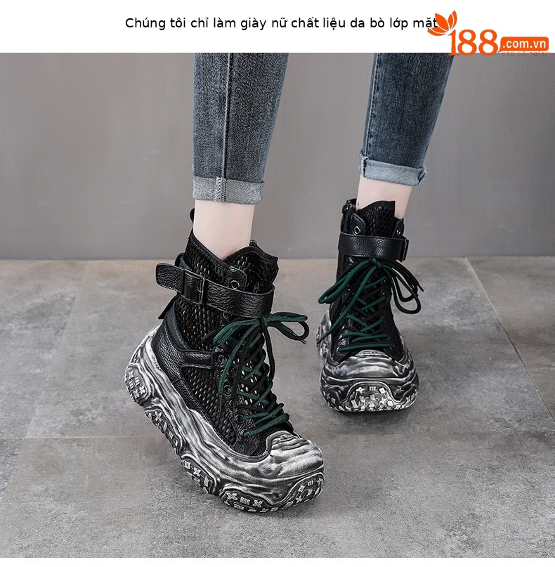 Boot Martin nữ cổ cao da bò thật mặt lưới thoáng khí đế dày bánh xốp — Màu khoai môn chi tiết 2