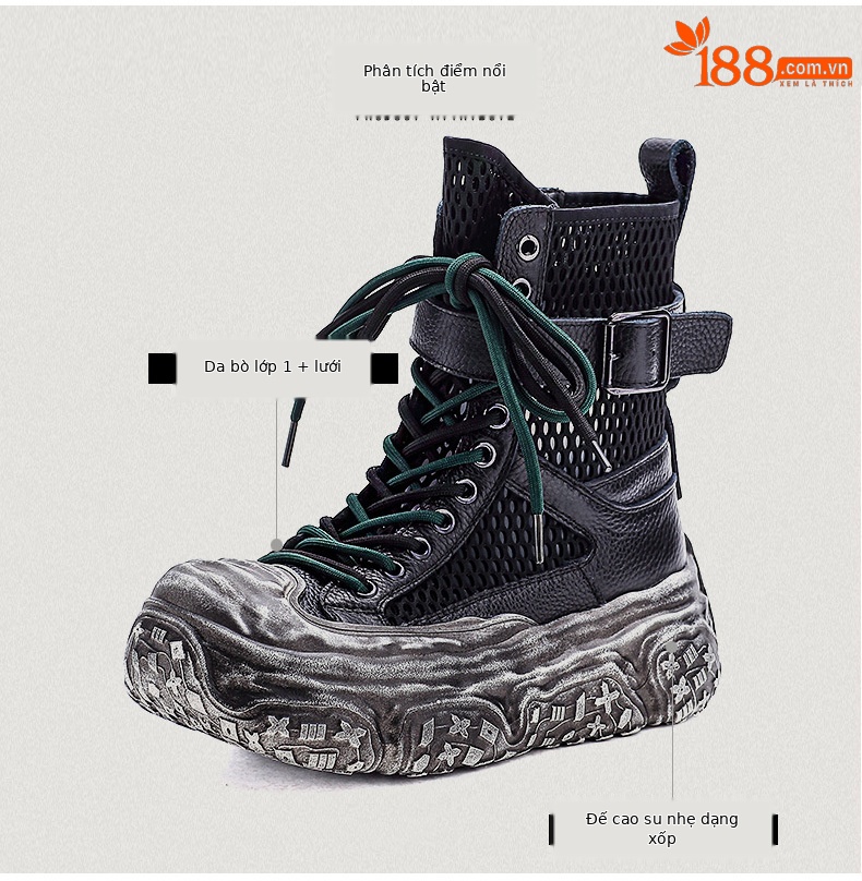 Boot Martin nữ cổ cao da bò thật mặt lưới thoáng khí đế dày bánh xốp — Màu khoai môn chi tiết 3