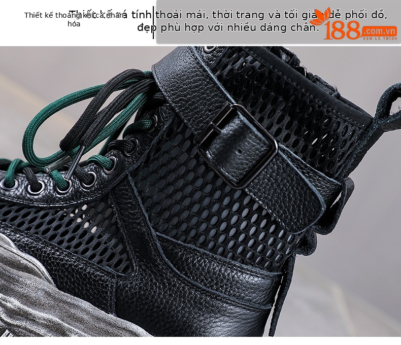 Boot Martin nữ cổ cao da bò thật mặt lưới thoáng khí đế dày bánh xốp — Màu khoai môn chi tiết 5