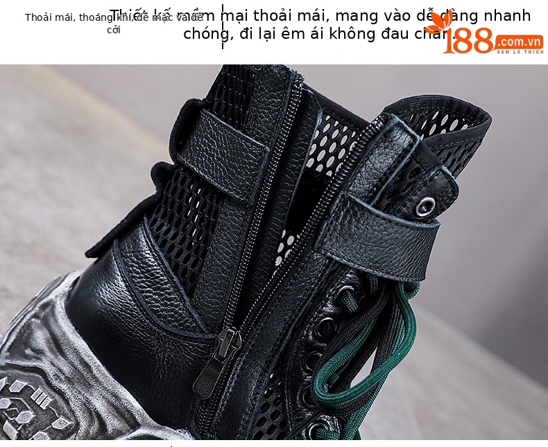 Boot Martin nữ cổ cao da bò thật mặt lưới thoáng khí đế dày bánh xốp — Màu khoai môn chi tiết 6