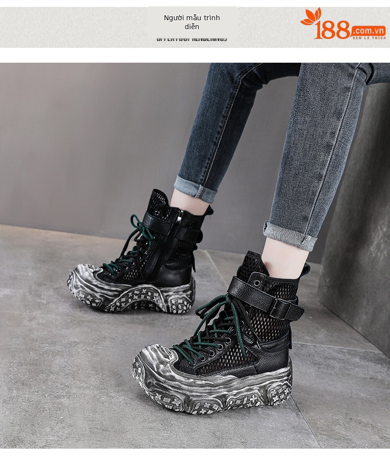 Boot Martin nữ cổ cao da bò thật mặt lưới thoáng khí đế dày bánh xốp — Màu khoai môn chi tiết 9