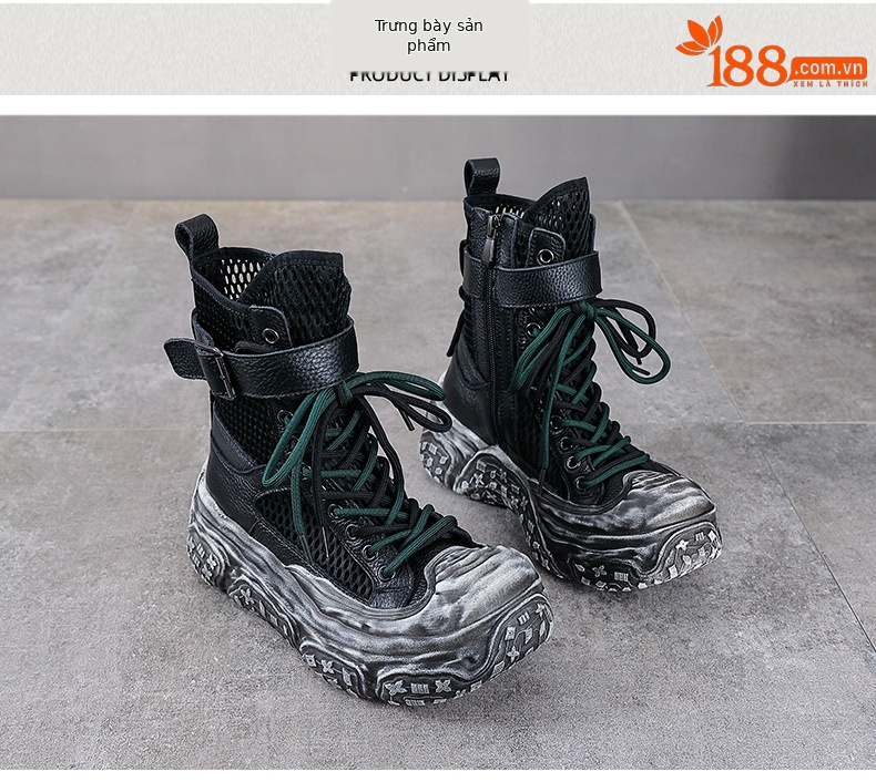 Boot Martin nữ cổ cao da bò thật mặt lưới thoáng khí đế dày bánh xốp — Màu khoai môn chi tiết 10