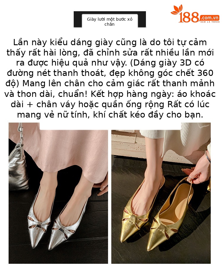Sandal nữ mũi nhọn quai sau bọc da thật đế thấp phong cách Hàn Quốc — Màu vàng, Màu trắng be, Màu bạc chi tiết 4