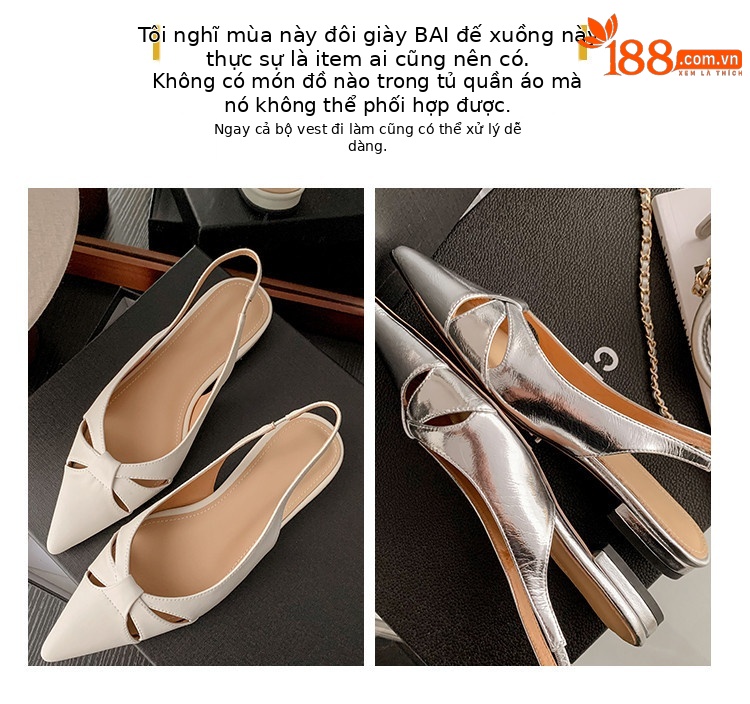 Sandal nữ mũi nhọn quai sau bọc da thật đế thấp phong cách Hàn Quốc — Màu vàng, Màu trắng be, Màu bạc chi tiết 5