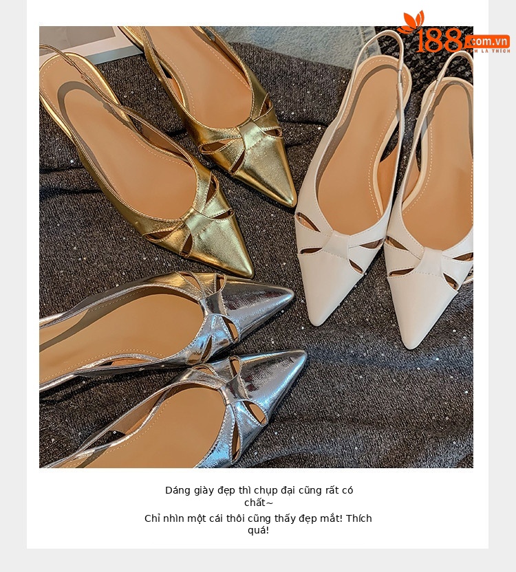 Sandal nữ mũi nhọn quai sau bọc da thật đế thấp phong cách Hàn Quốc — Màu vàng, Màu trắng be, Màu bạc chi tiết 9