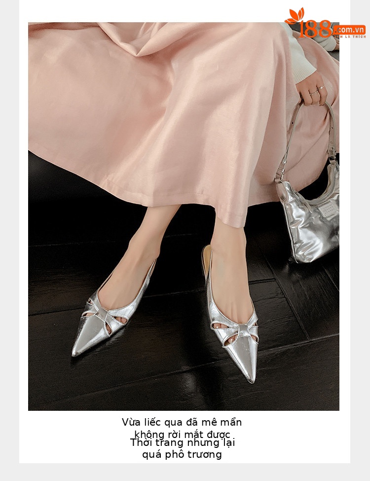 Sandal nữ mũi nhọn quai sau bọc da thật đế thấp phong cách Hàn Quốc — Màu vàng, Màu trắng be, Màu bạc chi tiết 10