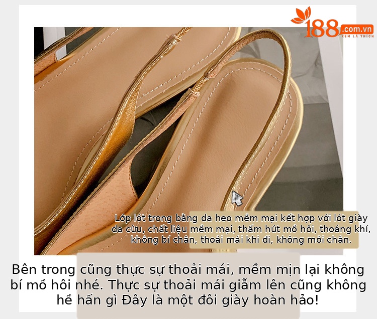 Sandal nữ mũi nhọn quai sau bọc da thật đế thấp phong cách Hàn Quốc — Màu vàng, Màu trắng be, Màu bạc chi tiết 12