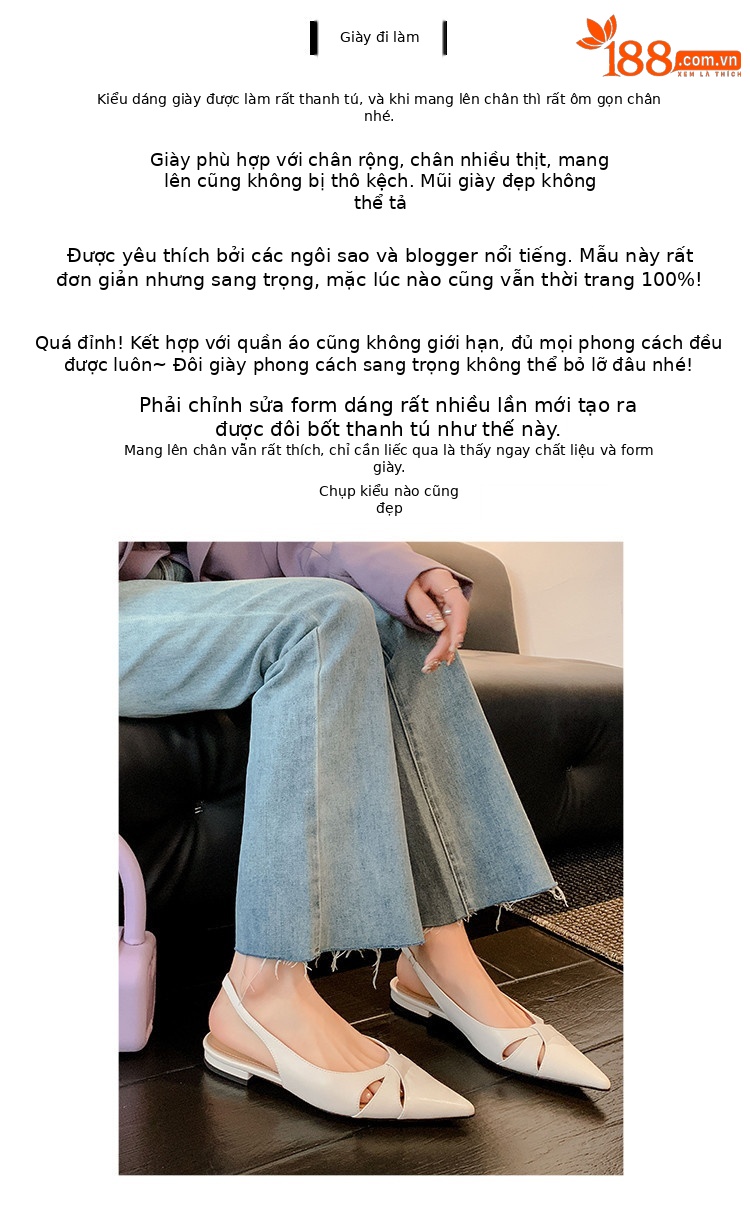 Sandal nữ mũi nhọn quai sau bọc da thật đế thấp phong cách Hàn Quốc — Màu vàng, Màu trắng be, Màu bạc chi tiết 2