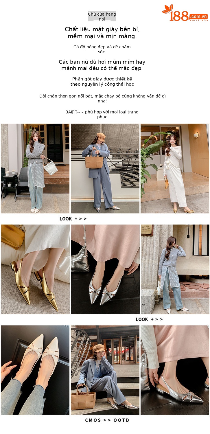 Sandal nữ mũi nhọn quai sau bọc da thật đế thấp phong cách Hàn Quốc — Màu vàng, Màu trắng be, Màu bạc chi tiết 3