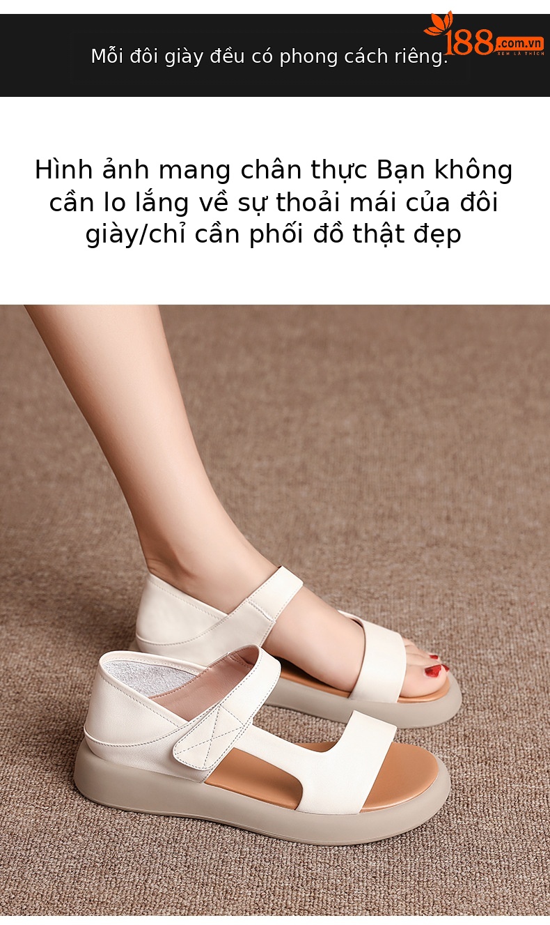 Sandal nữ đế bệt da thật mềm quai chữ V đi biển hằng ngày — Màu đen chi tiết 9