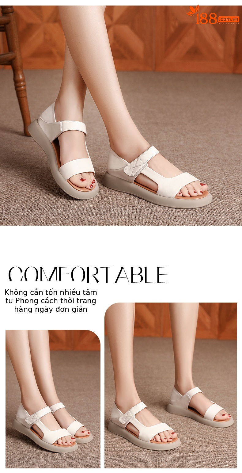 Sandal nữ đế bệt da thật mềm quai chữ V đi biển hằng ngày — Màu đen chi tiết 10
