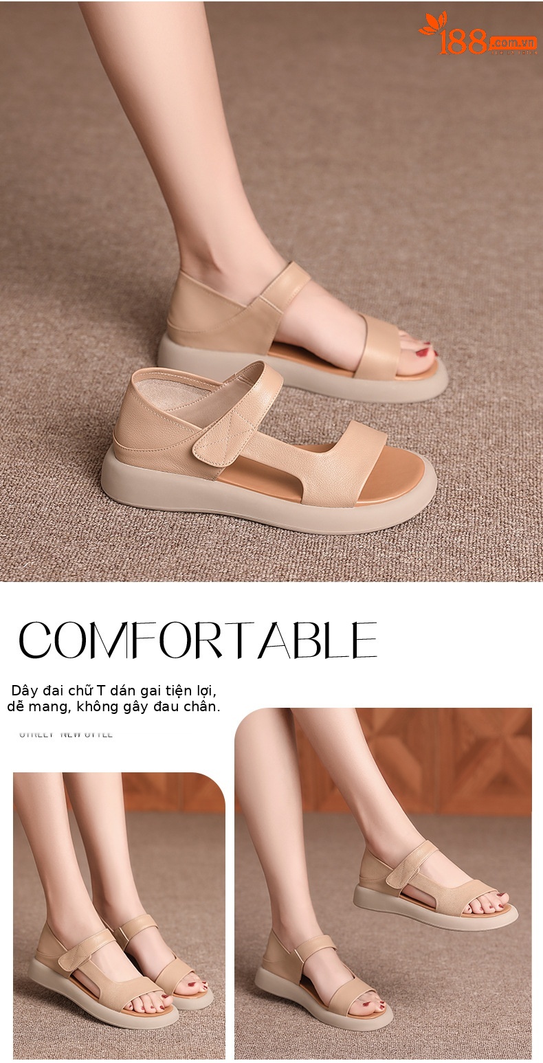 Sandal nữ đế bệt da thật mềm quai chữ V đi biển hằng ngày — Màu đen chi tiết 14