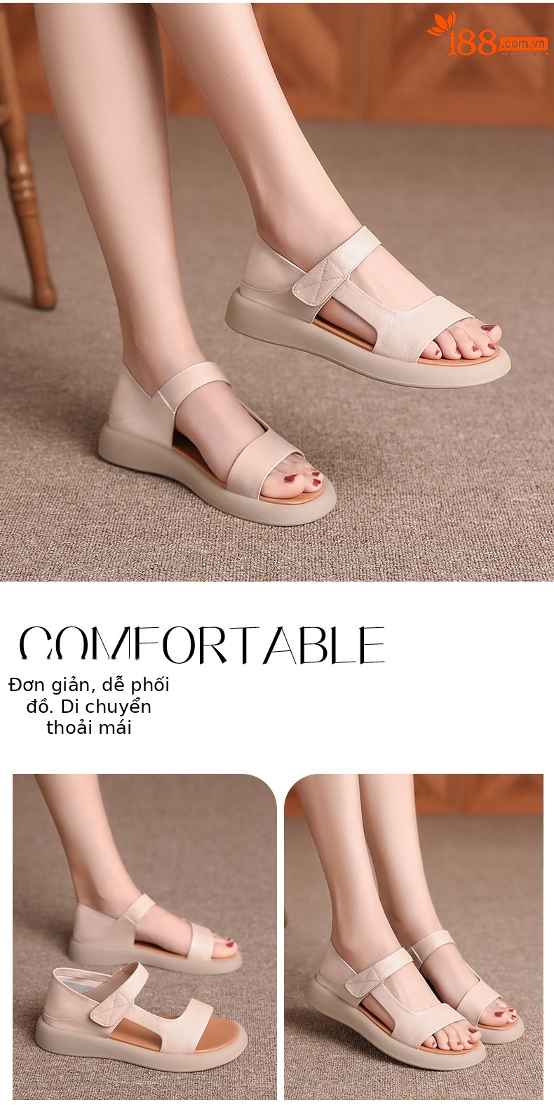 Sandal nữ đế bệt da thật mềm quai chữ V đi biển hằng ngày — Màu đen chi tiết 17