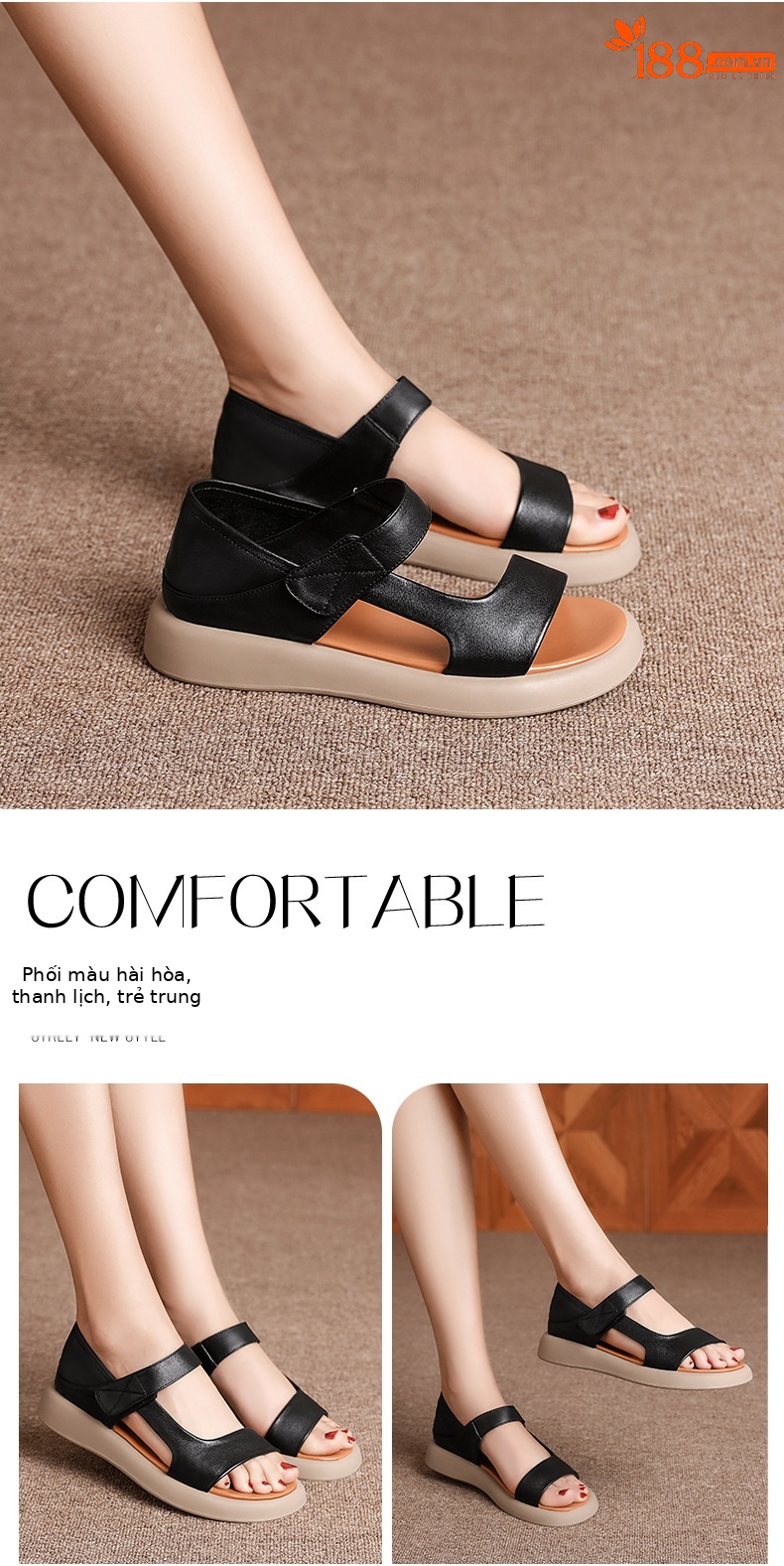 Sandal nữ đế bệt da thật mềm quai chữ V đi biển hằng ngày — Màu đen chi tiết 20