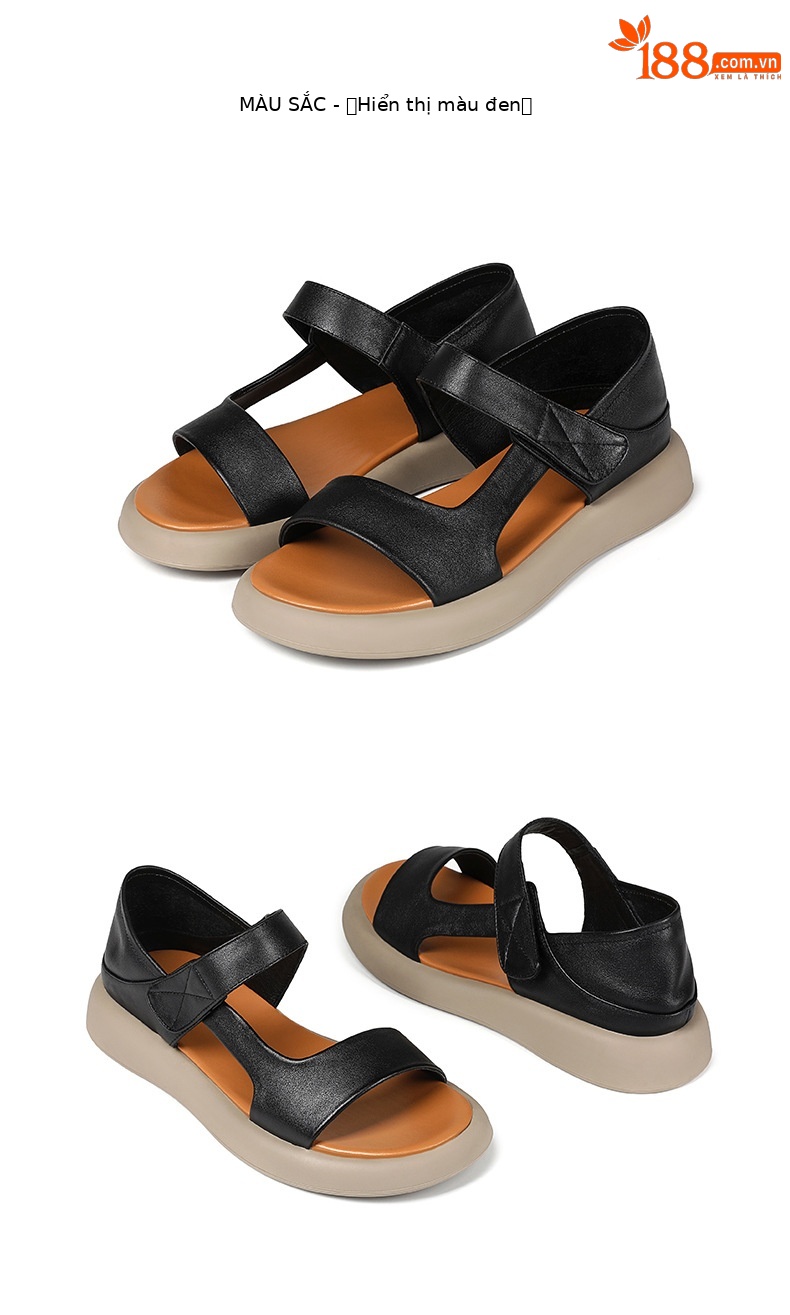 Sandal nữ đế bệt da thật mềm quai chữ V đi biển hằng ngày — Màu đen chi tiết 29