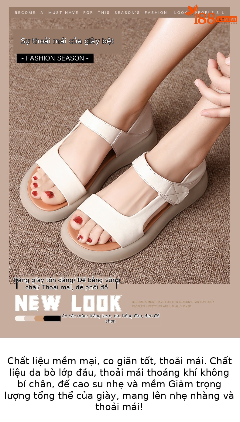 Sandal nữ đế bệt da thật mềm quai chữ V đi biển hằng ngày — Màu đen chi tiết 1