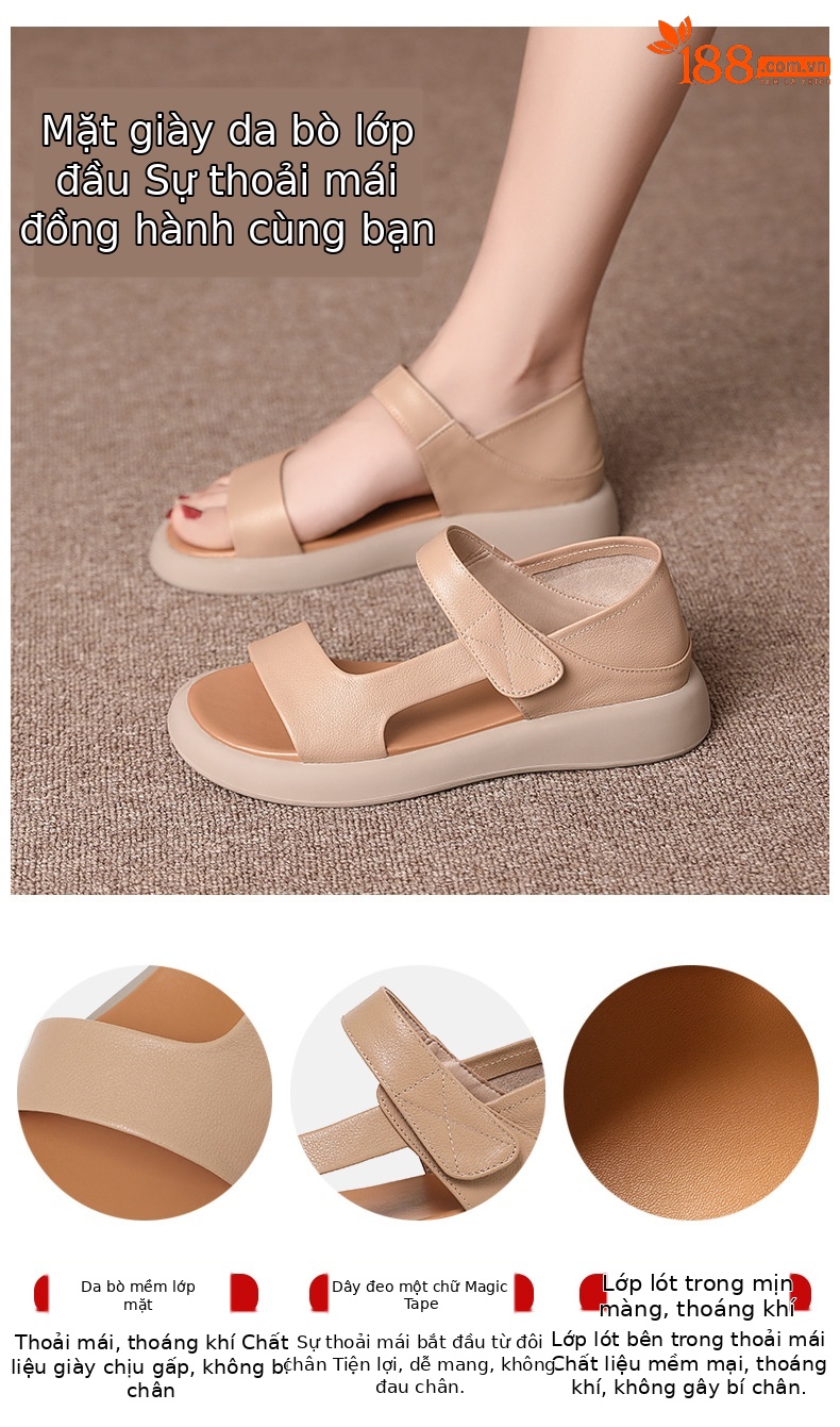 Sandal nữ đế bệt da thật mềm quai chữ V đi biển hằng ngày — Màu đen chi tiết 3
