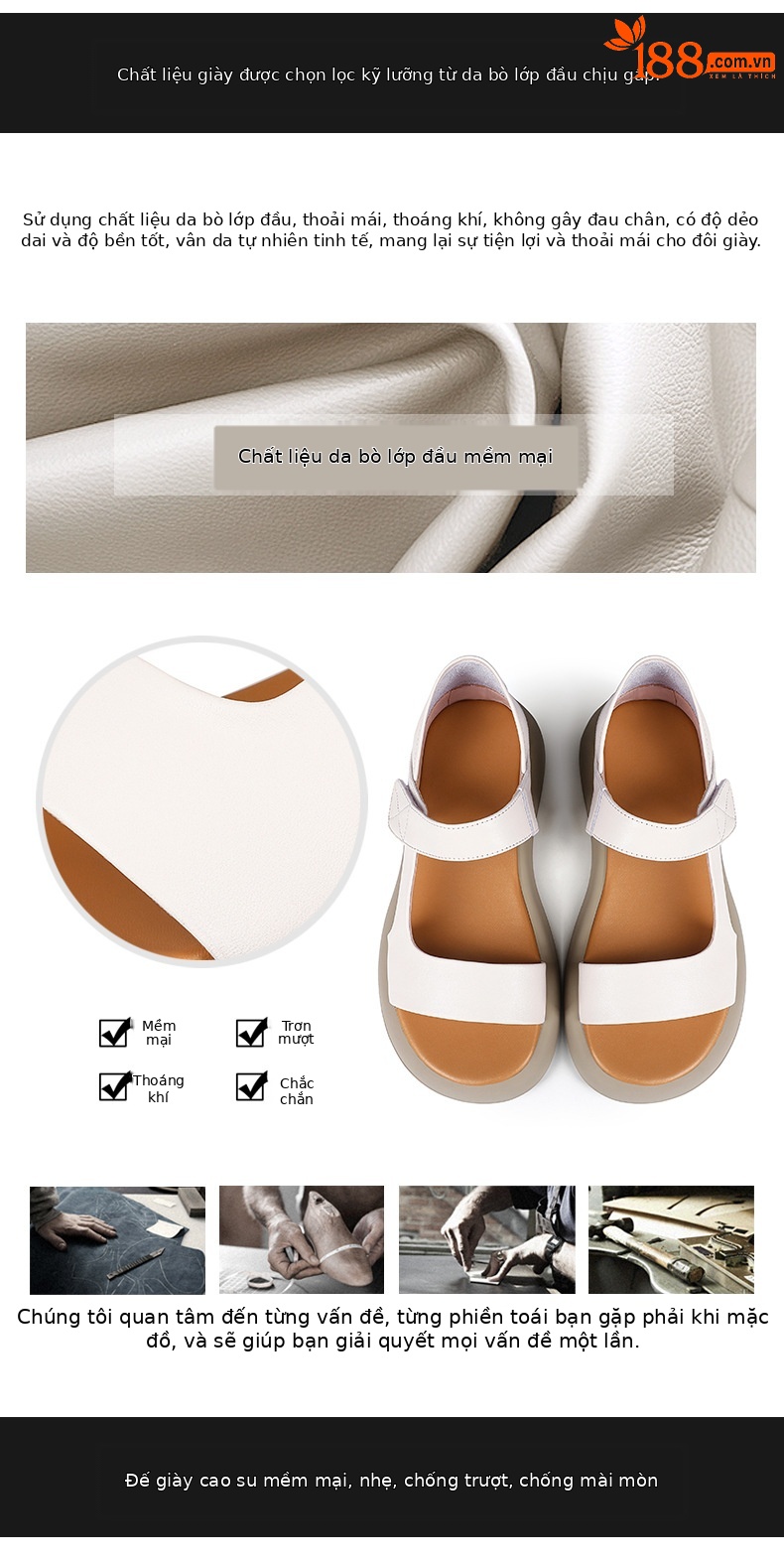 Sandal nữ đế bệt da thật mềm quai chữ V đi biển hằng ngày — Màu đen chi tiết 5
