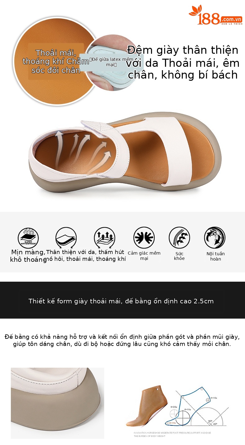 Sandal nữ đế bệt da thật mềm quai chữ V đi biển hằng ngày — Màu đen chi tiết 7