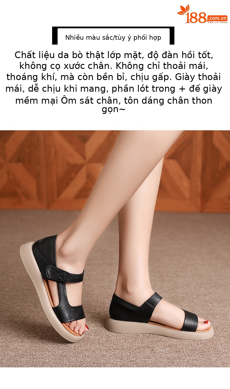 Sandal nữ đế bệt da thật mềm quai chữ V đi biển hằng ngày — Màu đen chi tiết 22