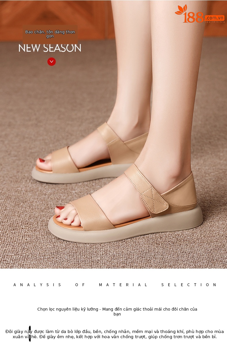 Dép sandal La Mã nữ quai chữ V đế bằng Velcro mềm mại mùa hè — Màu đen chi tiết 1