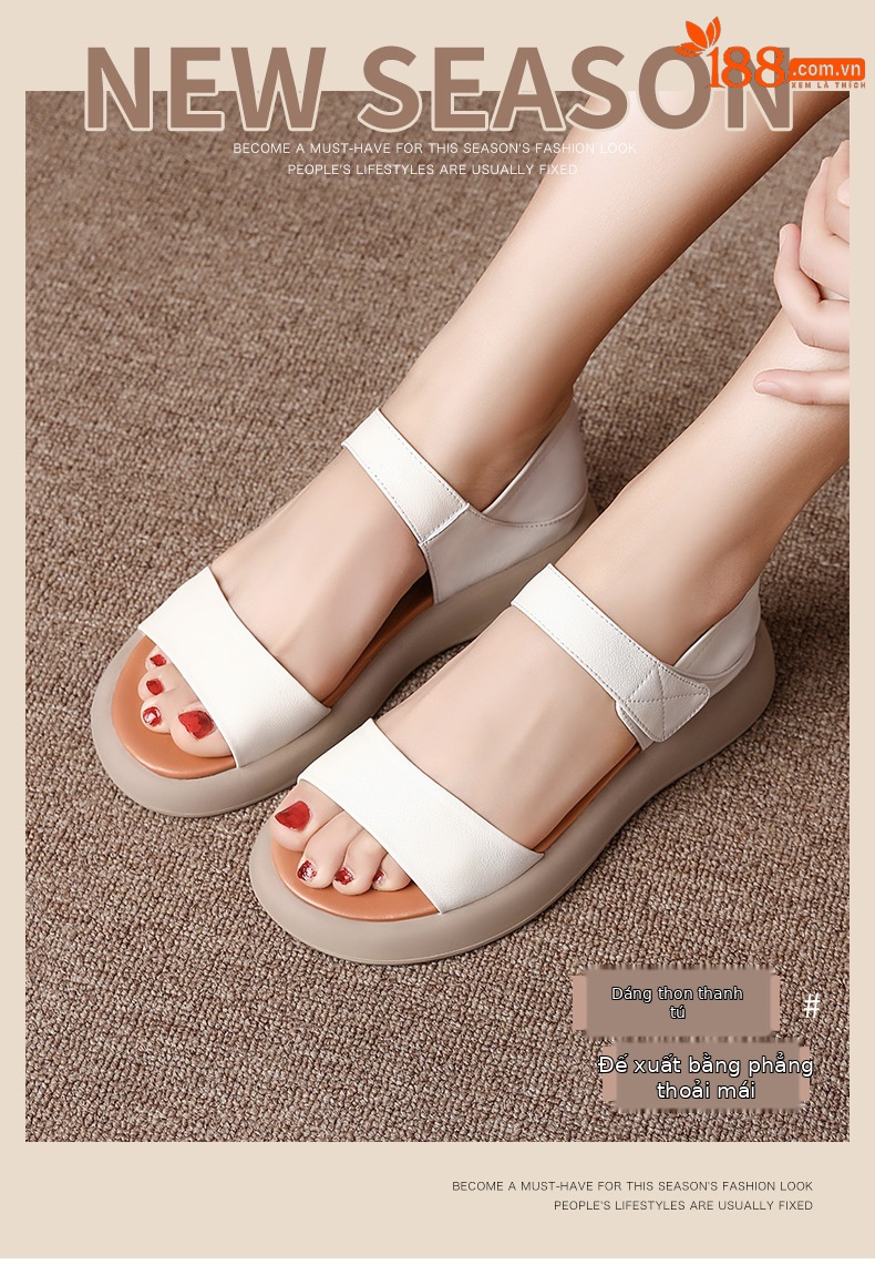Dép sandal La Mã nữ quai chữ V đế bằng Velcro mềm mại mùa hè — Màu đen chi tiết 2