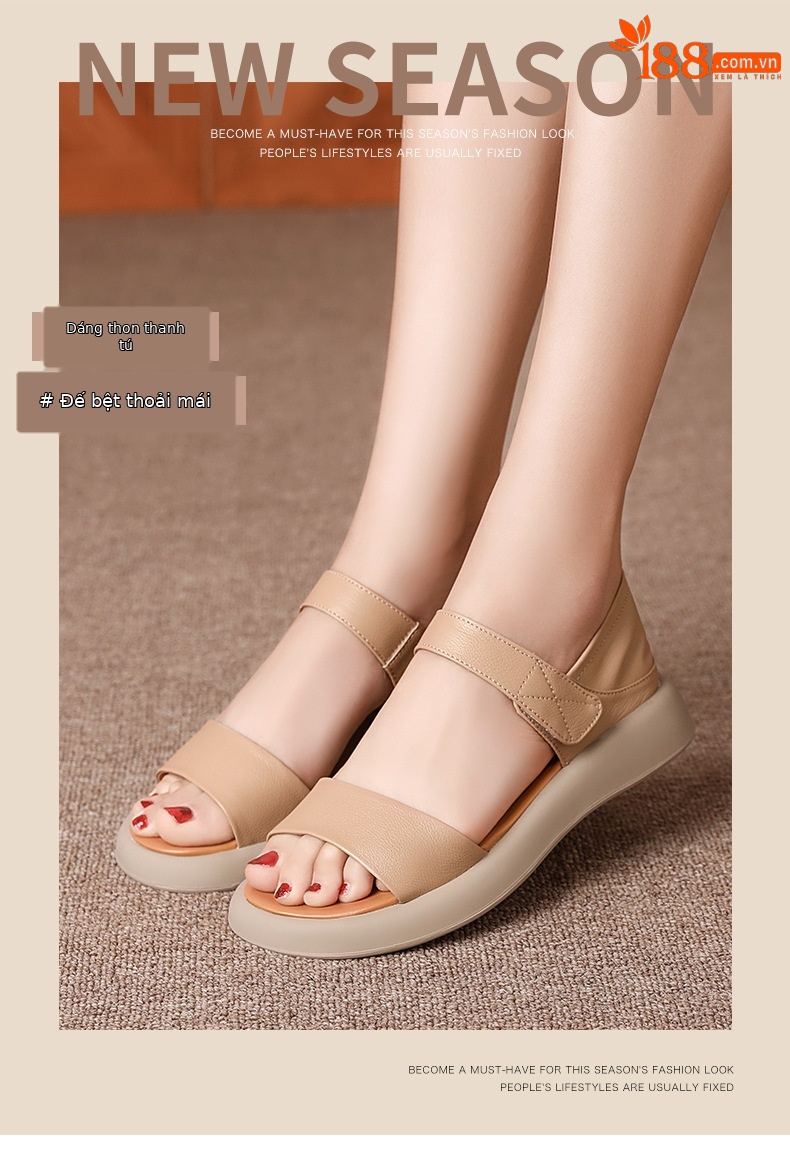 Dép sandal La Mã nữ quai chữ V đế bằng Velcro mềm mại mùa hè — Màu đen chi tiết 4