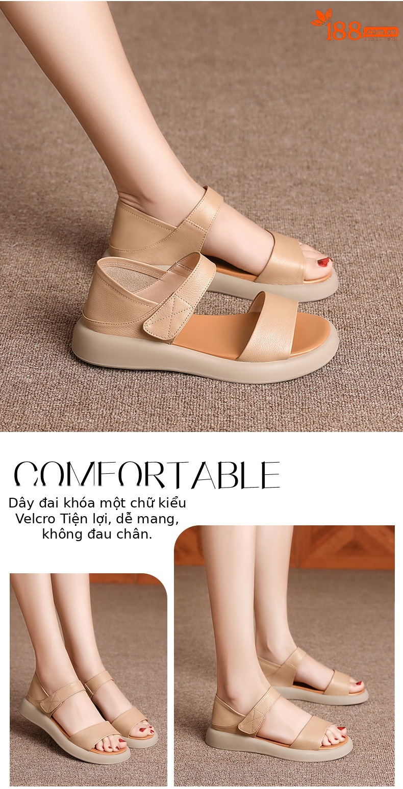 Dép sandal La Mã nữ quai chữ V đế bằng Velcro mềm mại mùa hè — Màu đen chi tiết 14